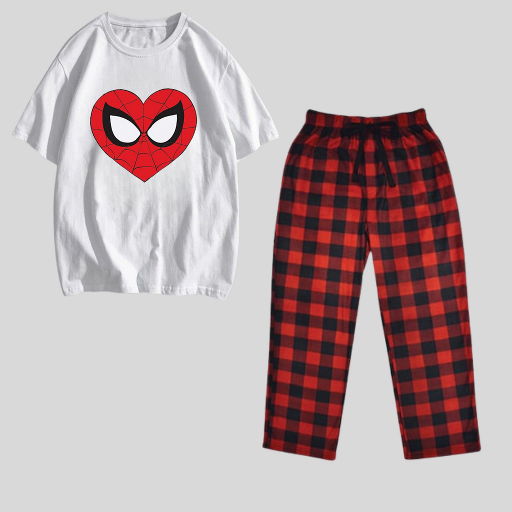ESC BUTİK Spider Heart Baskılı Siyah Unisex Oversize Kısa Kol  Alt Üst 2 L.i Takım