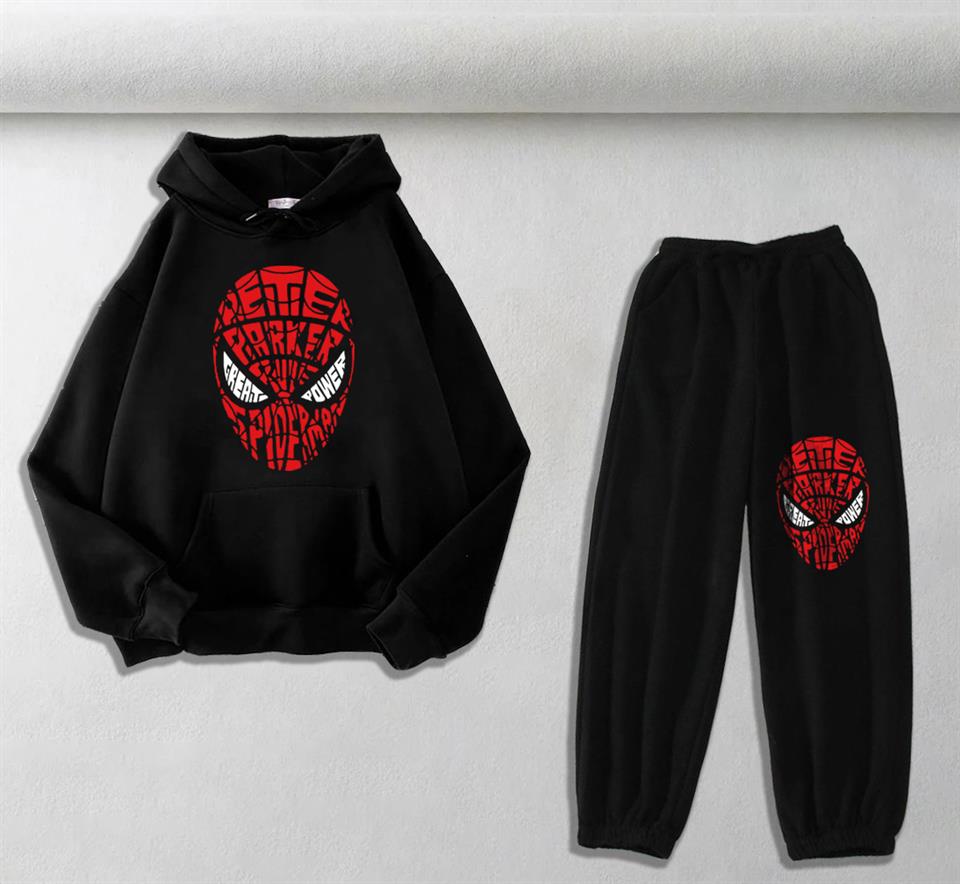 ESC BUTİK Spider-Man Head Baskılı Siyah Oversize Kapüşonlu Sweatshirt & Eşofman Altı Unisex İkili Takım