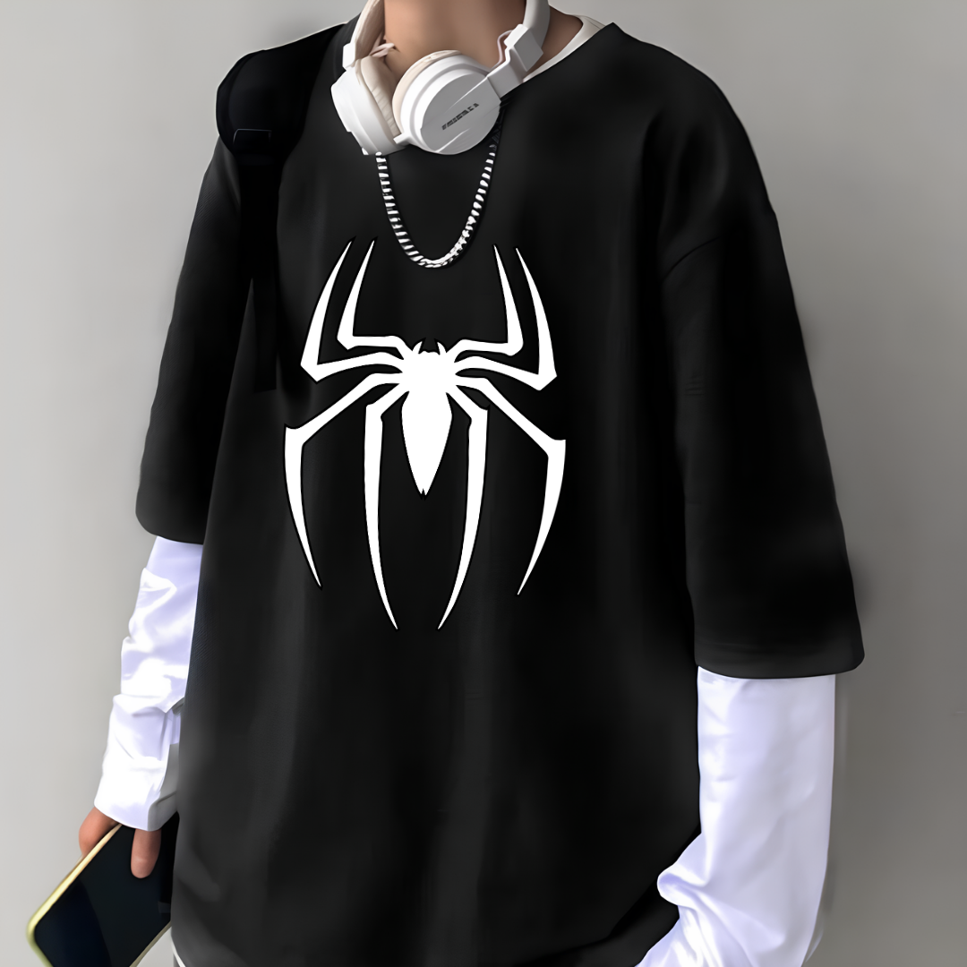 ESC BUTİK Spider Unisex Oversize Fake Kollu Beyaz T-Shirt
