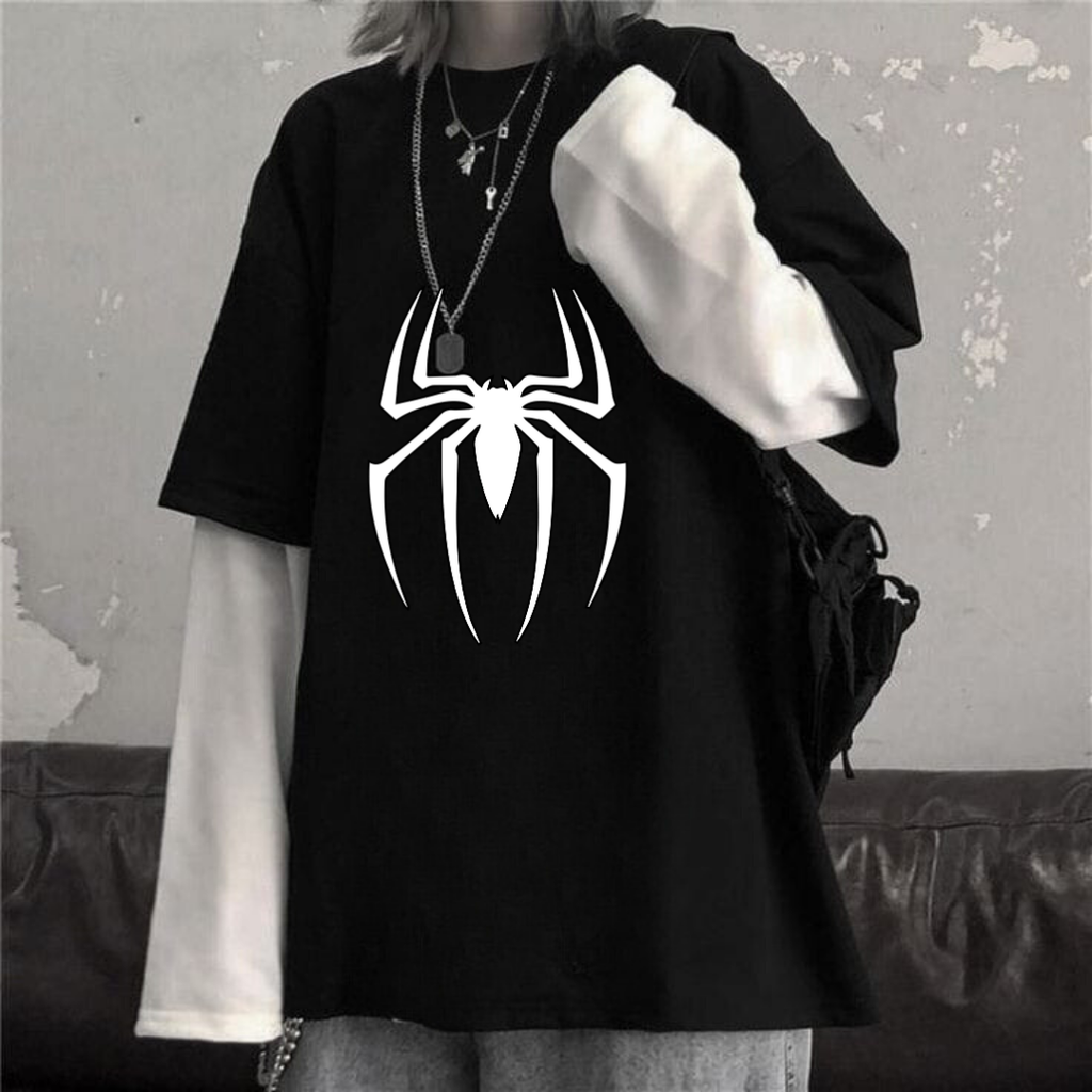 ESC BUTİK Spider Unisex Oversize Fake Kollu Beyaz T-Shirt