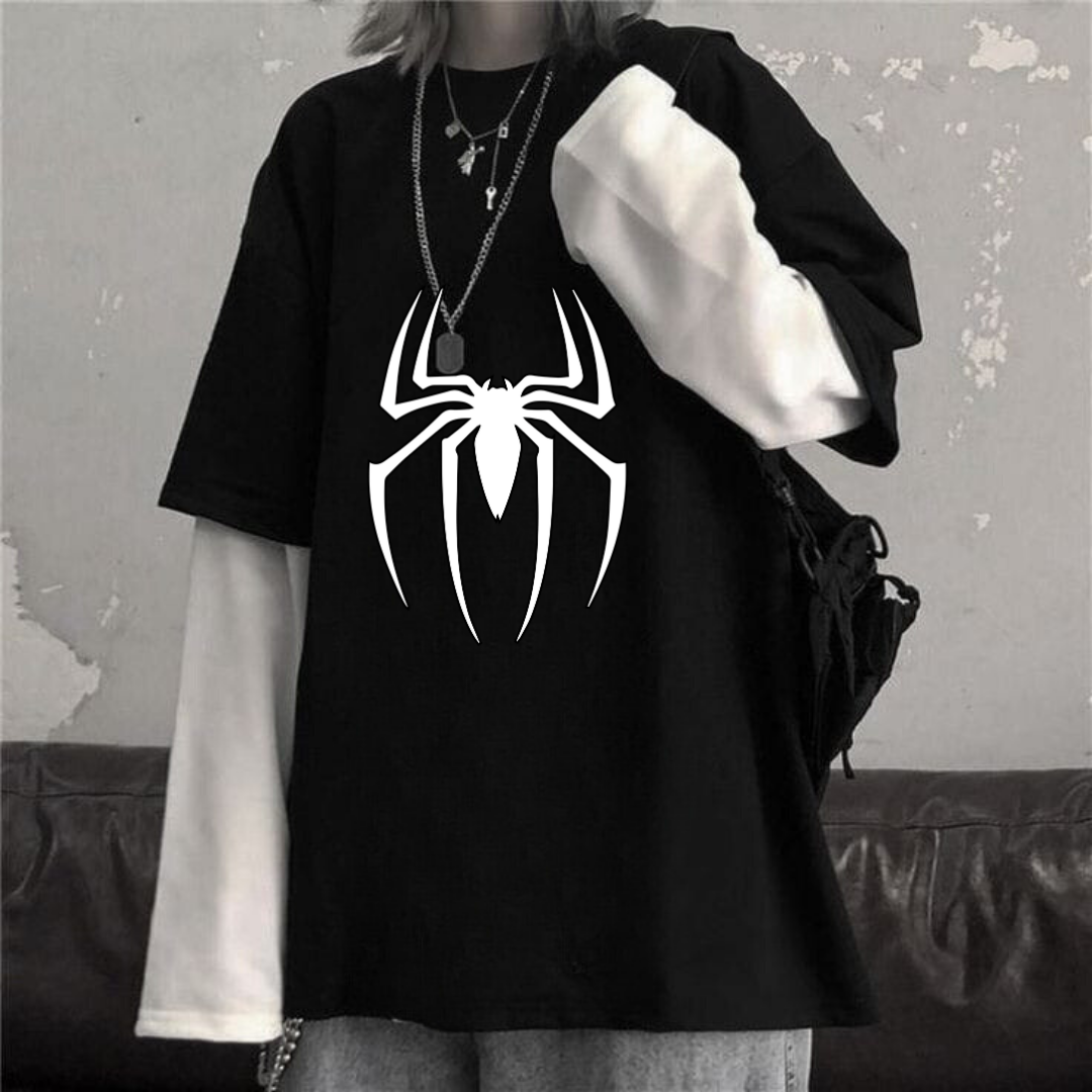 ESC BUTİK Spider Unisex Oversize Fake Kollu Beyaz T-Shirt