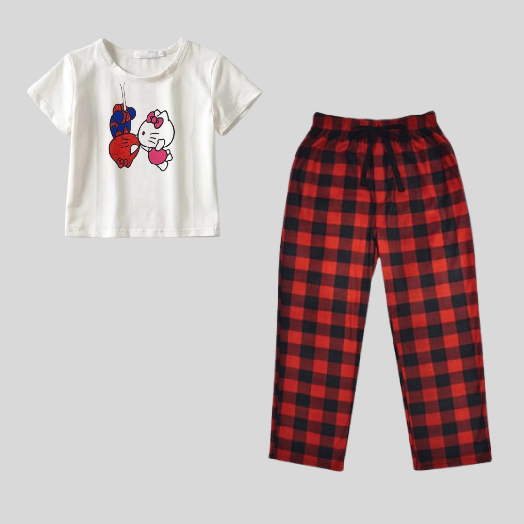 ESC BUTİK Spider&Hello Kitty Baskılı Siyah Unisex Oversize Crop  Alt Üst 2 L.i Takım