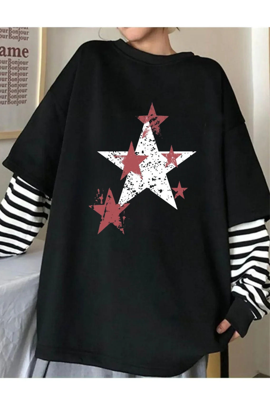 ESC BUTİK Star Baskılı Unisex Fake Uzun Kollu Siyah T-Shirt