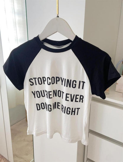 ESC BUTİK Stop Copying Me Baskılı Reglan Kol Beyaz Crop