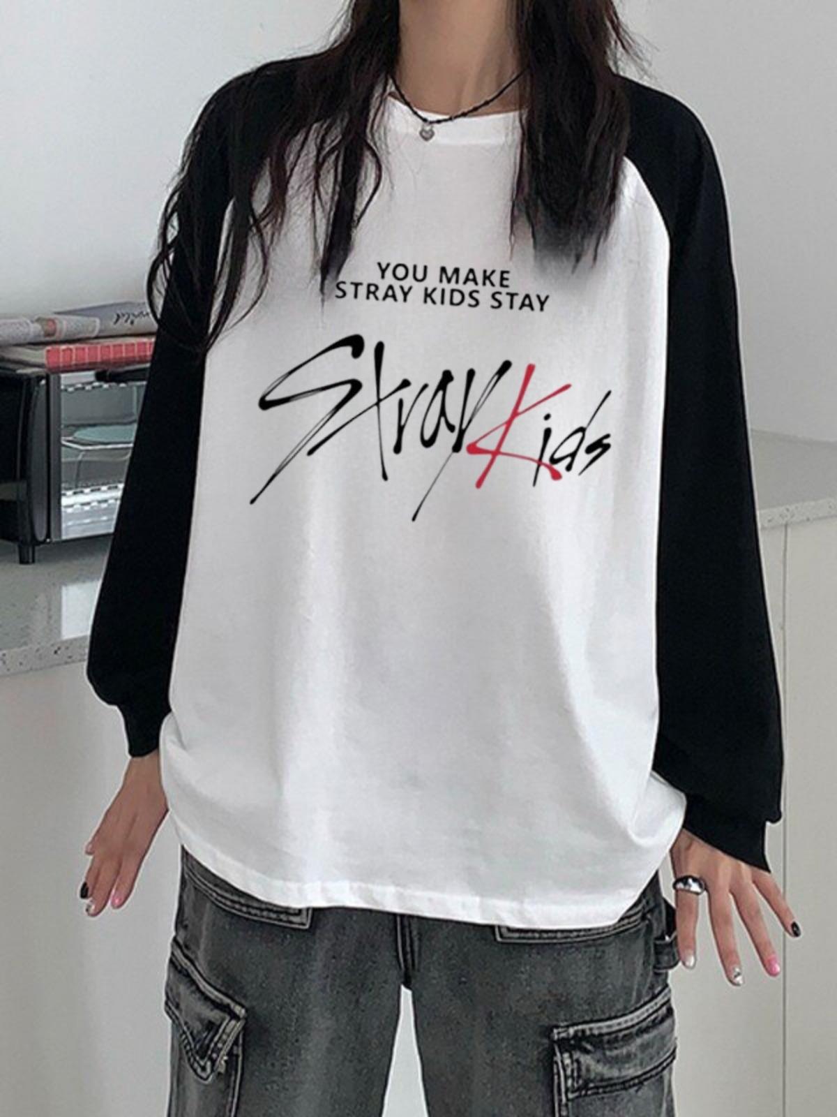 ESC BUTİK Stray Kids Reglan Uzun Kollu Baskılı Beyaz T-Shirt