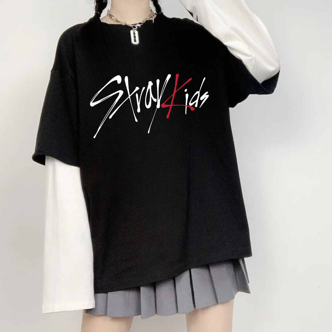 ESC BUTİK Stray Kids Unisex Oversize Fake Kollu Beyaz T-Shirt