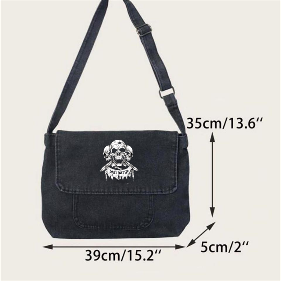 ESC BUTİK Triple Skull Baskılı Vintage Unisex Gri Kot Postacı Çantası