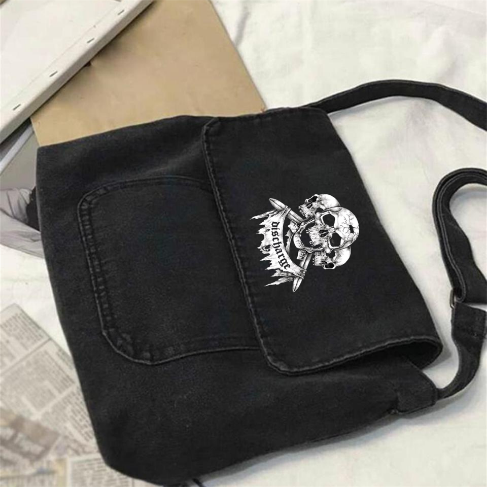 ESC BUTİK Triple Skull Baskılı Vintage Unisex Gri Kot Postacı Çantası