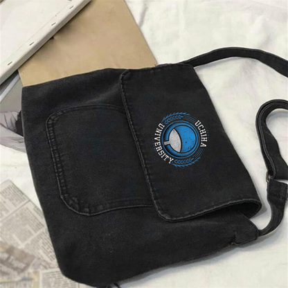 ESC BUTİK Uchiha University Baskılı Vintage Unisex Gri Kot Postacı Çantası