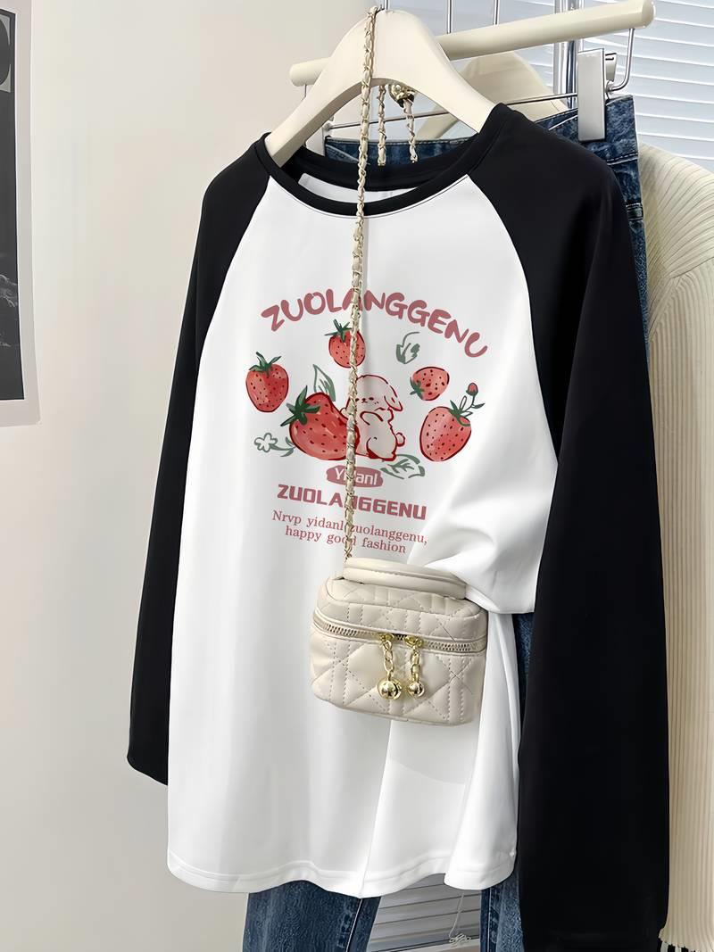 ESC BUTİK Vintage Reglan Uzun Kollu Strawberry Baskılı Beyaz T-Shirt