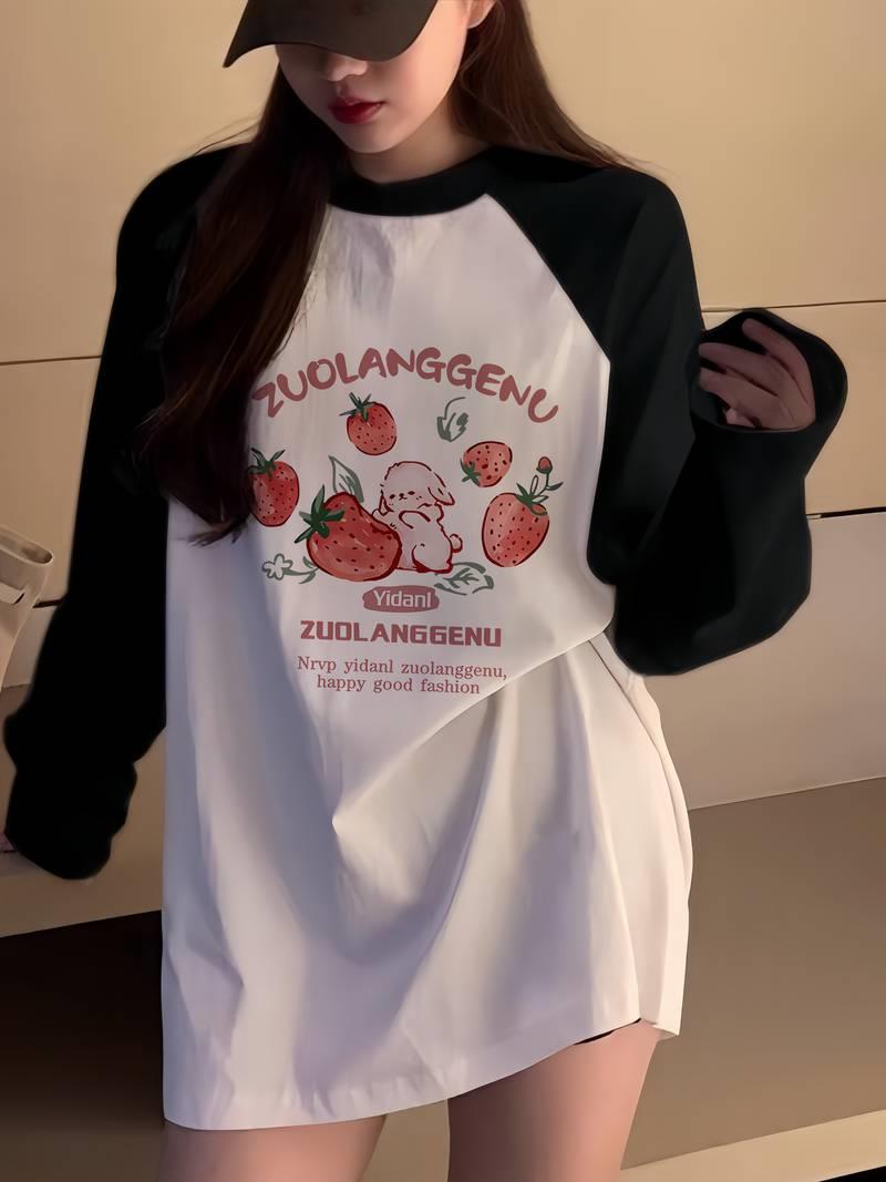 ESC BUTİK Vintage Reglan Uzun Kollu Strawberry Baskılı Beyaz T-Shirt