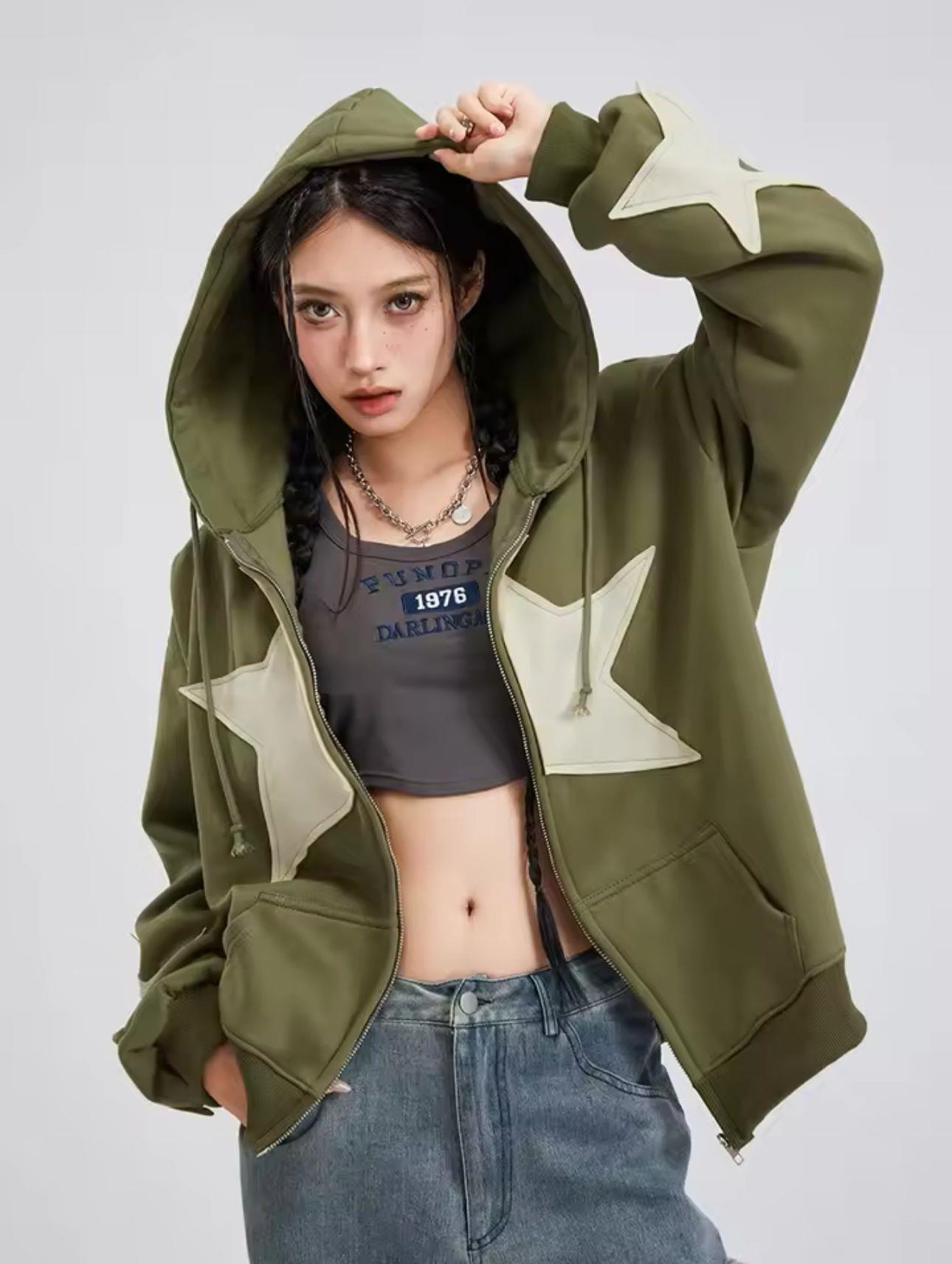ESC BUTİK Vintage Star Zip Oversize Fermuarlı Unisex Kapüşonlu Hırka