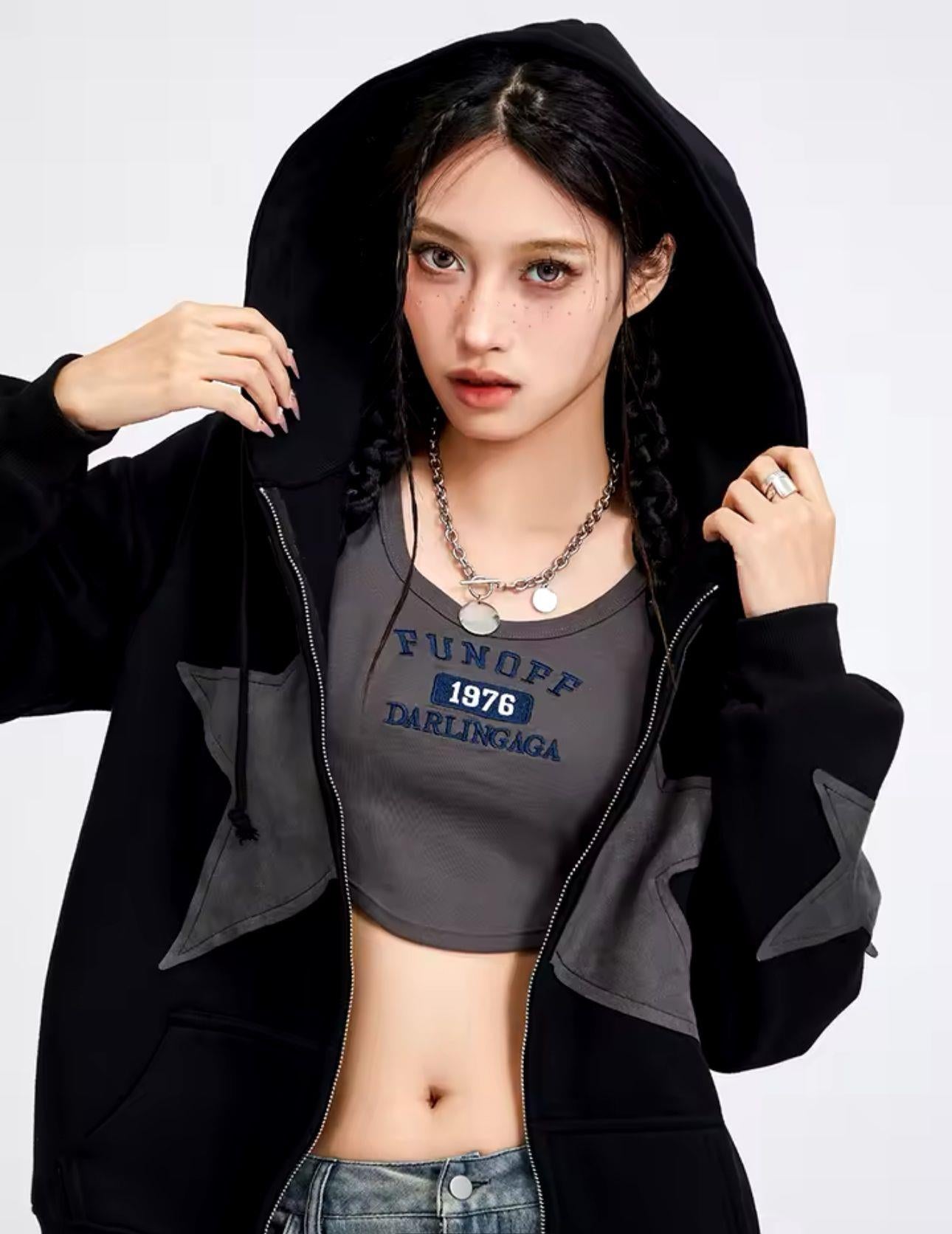 ESC BUTİK Vintage Star Zip Oversize Fermuarlı Unisex Kapüşonlu Hırka