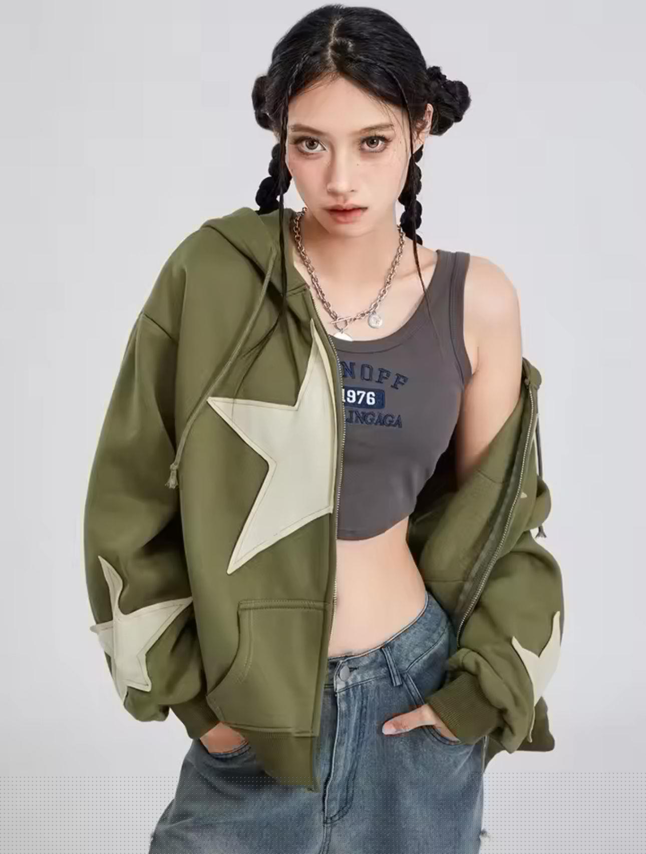 ESC BUTİK Vintage Star Zip Oversize Fermuarlı Unisex Kapüşonlu Hırka