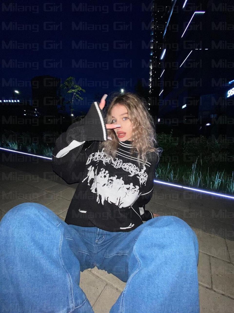 ESC BUTİK Y2k Street Wear Unisex Oversize Siyah Kazak