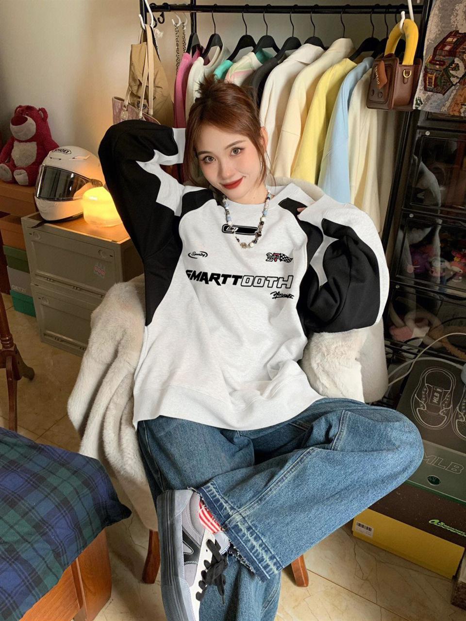 ESC BUTİK Y2K Streetwear Smarttooth Baskılı Beyaz Unisex Oversize Bisiklet Yaka Sweatshirt