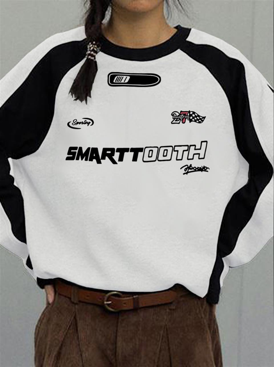 ESC BUTİK Y2K Streetwear Smarttooth Baskılı Beyaz Unisex Oversize Bisiklet Yaka Sweatshirt