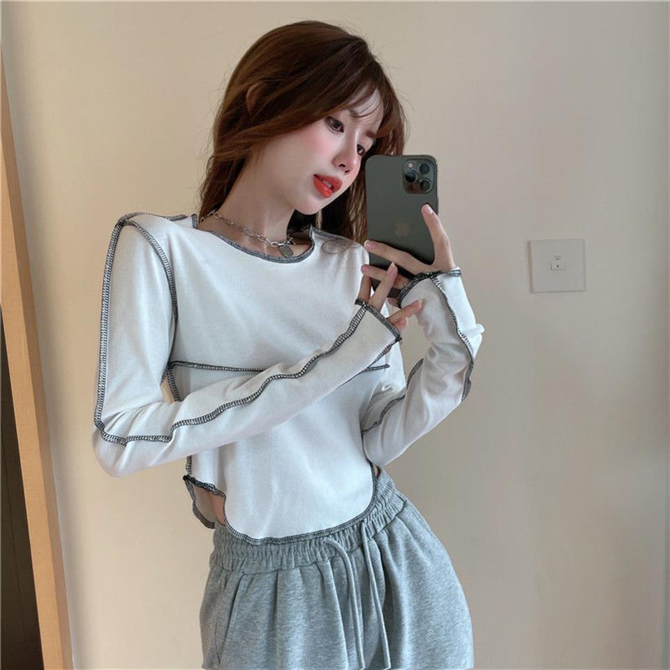 ESC BUTİK Y2K Streetwear Ters Dikiş Detaylı Uzun Kollu Beyaz Crop