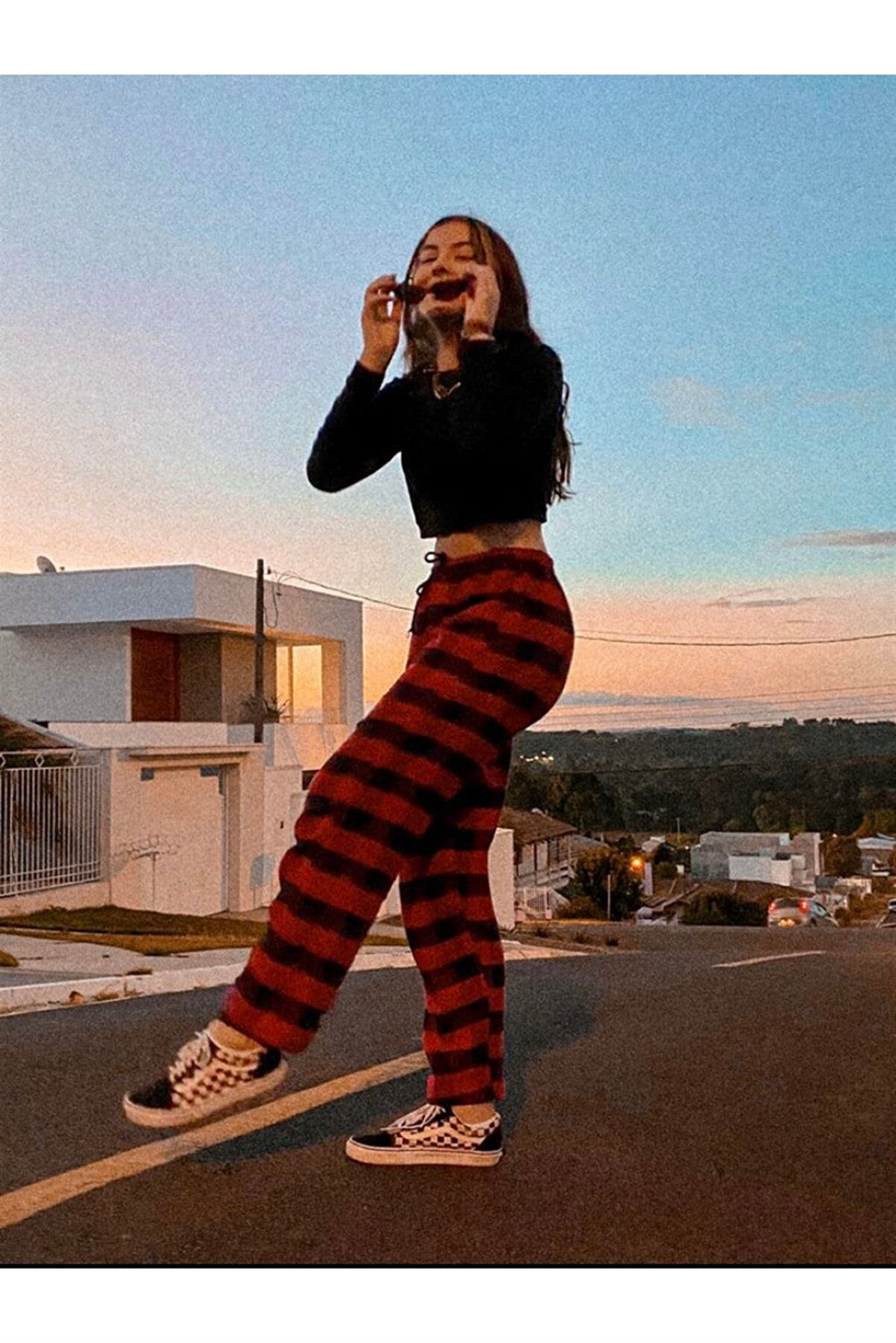 ESC BUTİK Y2K UNİSEX BELİ LASTİKLİ DETAYLI SİYAH KIRMIZI EKOSE PANTOLON