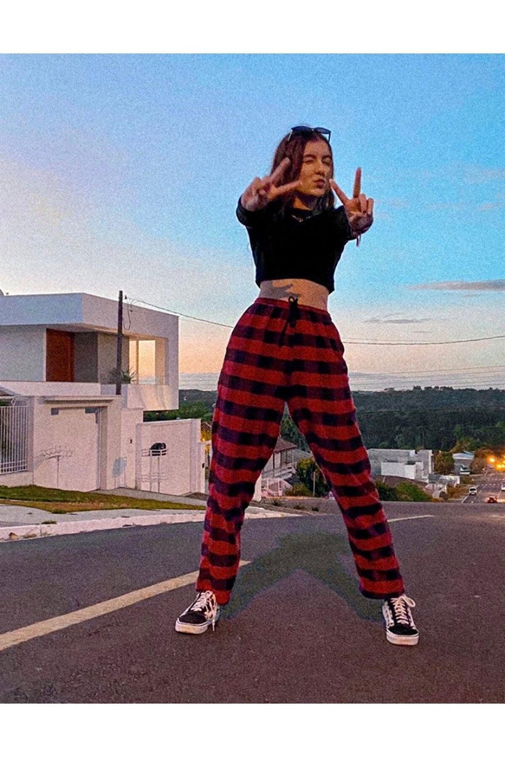 ESC BUTİK Y2K UNİSEX BELİ LASTİKLİ DETAYLI SİYAH KIRMIZI EKOSE PANTOLON