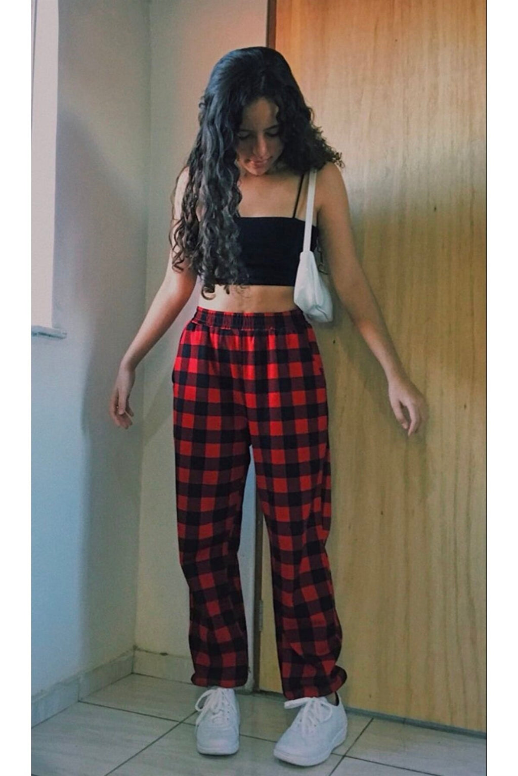 ESC BUTİK Y2K UNİSEX BELİ LASTİKLİ DETAYLI SİYAH KIRMIZI EKOSE PANTOLON