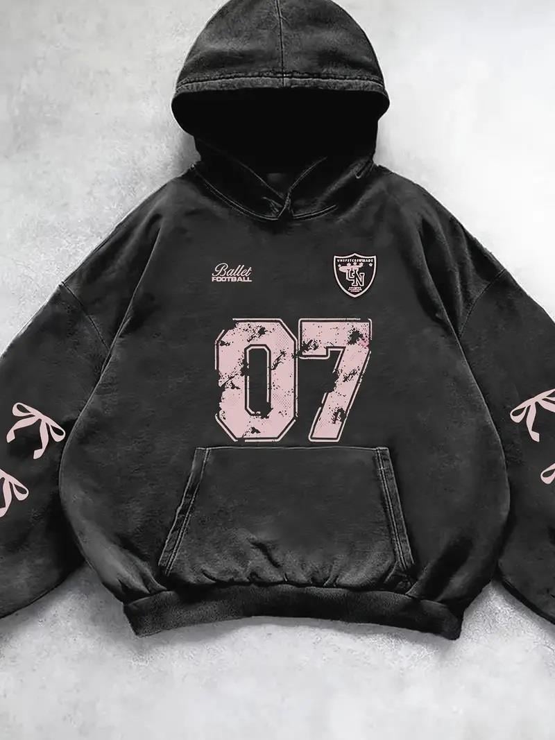 ESC BUTİK Yıkamalı 07 Retro Baskılı Vintage Kapüşonlu Sweatshirt
