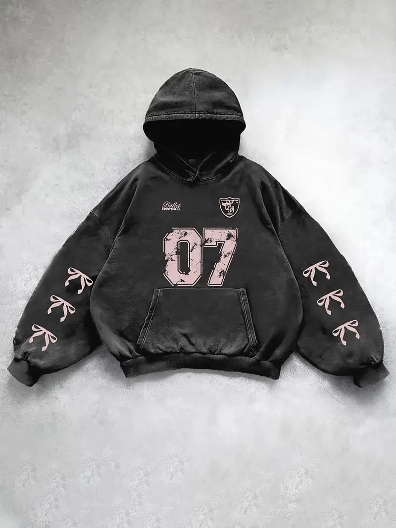 ESC BUTİK Yıkamalı 07 Retro Baskılı Vintage Kapüşonlu Sweatshirt