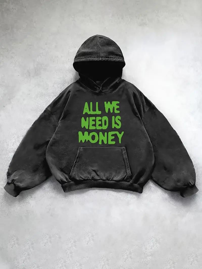 ESC BUTİK Yıkamalı All We Need is Money Baskılı Vintage Kapüşonlu Sweatshirt