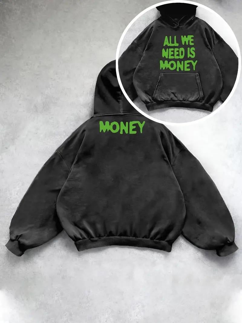 ESC BUTİK Yıkamalı All We Need is Money Baskılı Vintage Kapüşonlu Sweatshirt