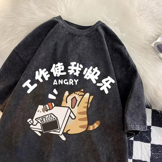 ESC BUTİK Yıkamalı Angry Cat Oversize Vintage T-shirt