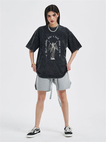 ESC BUTİK Yıkamalı Art Pattern Unisex Eskitme T-shirt