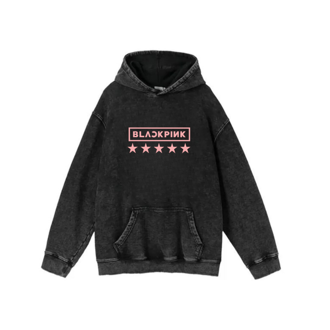 ESC BUTİK Yıkamalı Black Pink Vintage Kapüşonlu Sweatshirt