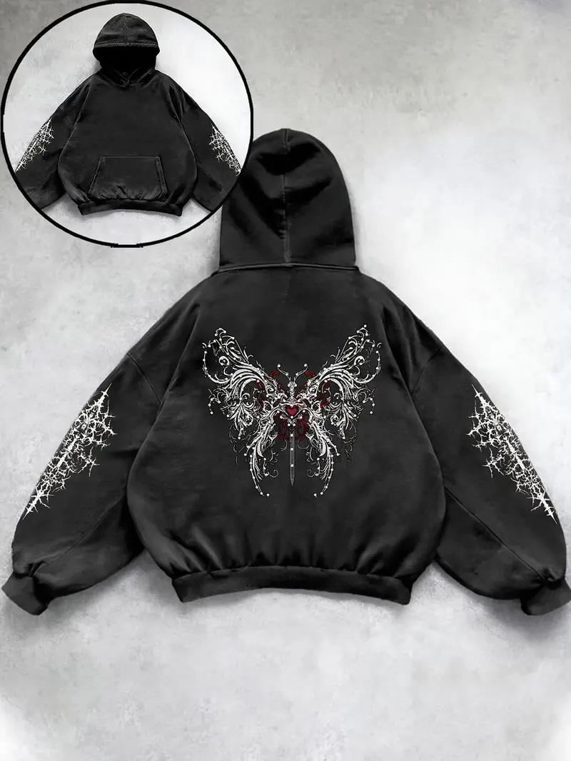 ESC BUTİK Yıkamalı Gothic Butterfly Baskılı Vintage Kapüşonlu Sweatshirt