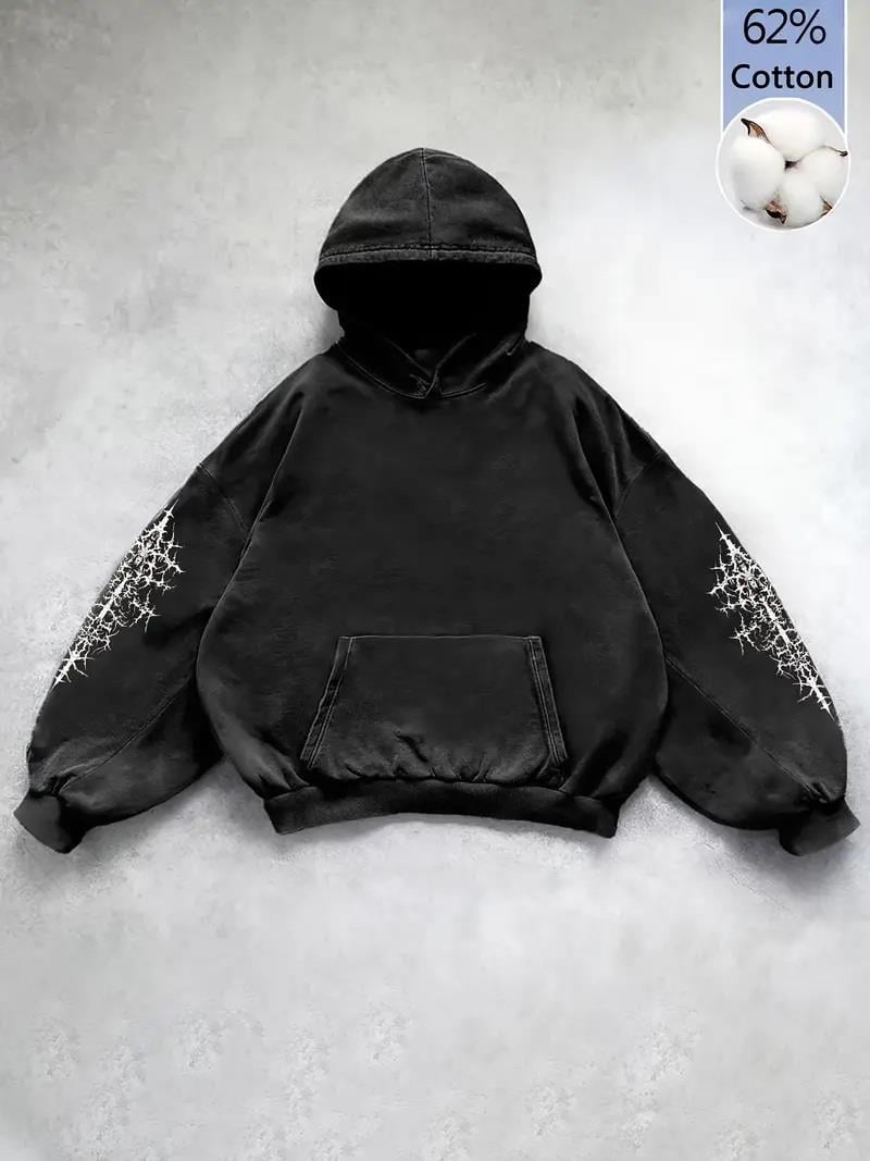 ESC BUTİK Yıkamalı Gothic Butterfly Baskılı Vintage Kapüşonlu Sweatshirt