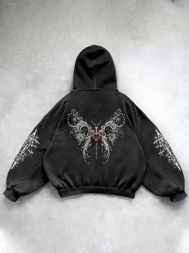 ESC BUTİK Yıkamalı Gothic Butterfly Baskılı Vintage Kapüşonlu Sweatshirt