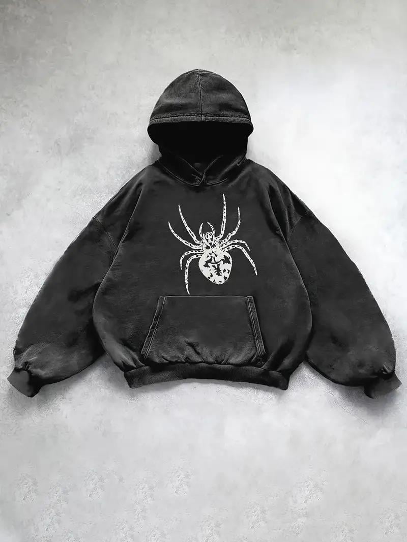 ESC BUTİK Yıkamalı Örümcek Baskılı Vintage Kapüşonlu Sweatshirt