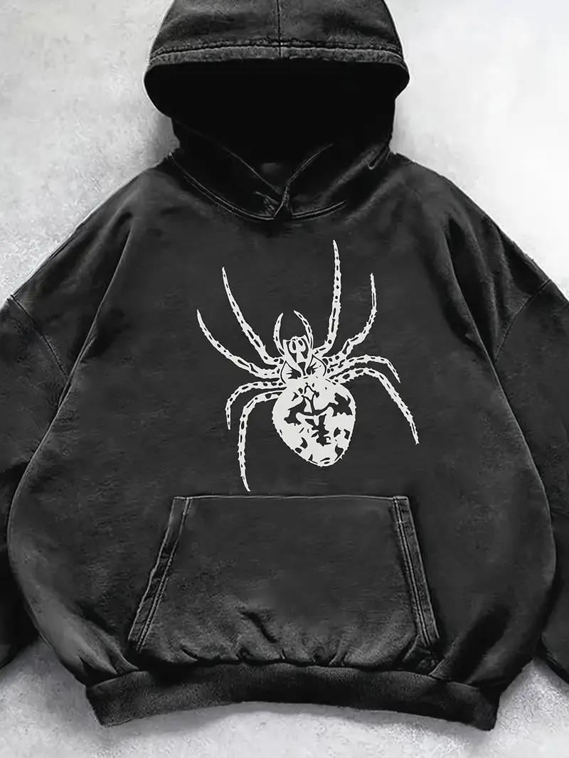 ESC BUTİK Yıkamalı Örümcek Baskılı Vintage Kapüşonlu Sweatshirt