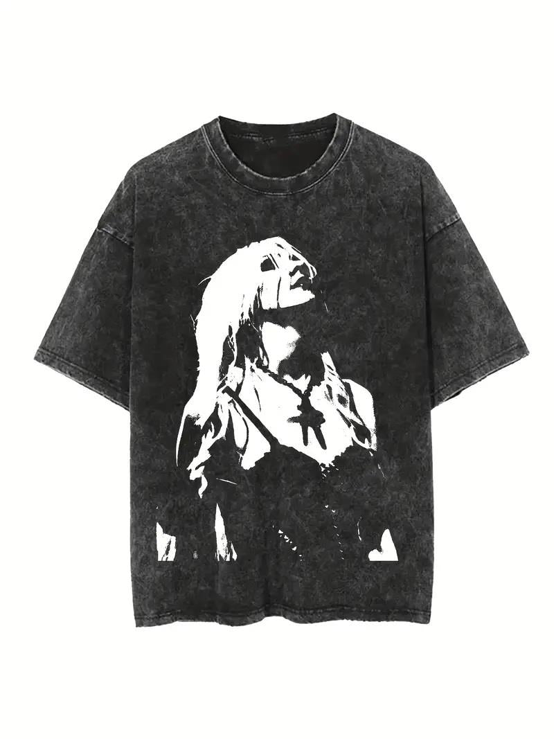 ESC BUTİK Yıkamalı Portre Baskılı Unisex Oversize Vintage T-shirt