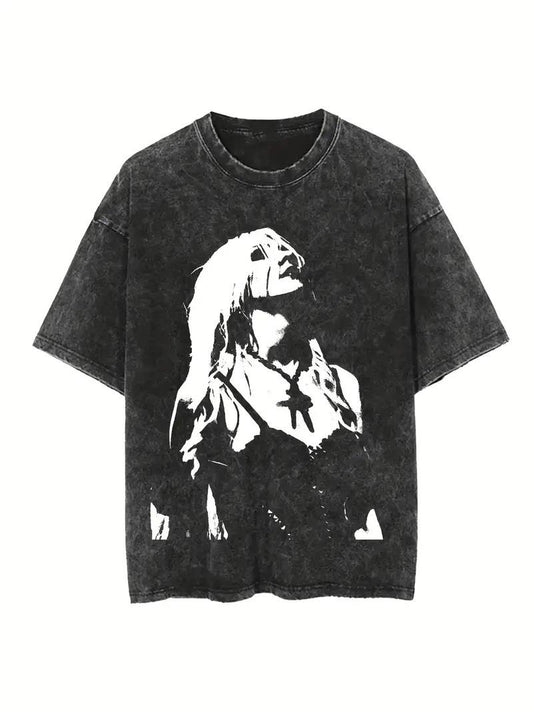 ESC BUTİK Yıkamalı Portre Baskılı Unisex Oversize Vintage T-shirt