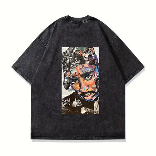 ESC BUTİK Yıkamalı Tupac Kolaj Oversize Vintage T-shirt