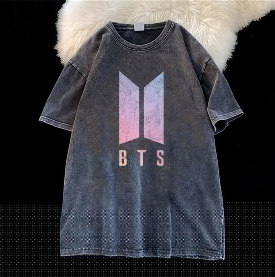 ESC BUTİK Yıkamalı BTS Logo Unisex Eskitme T-shirt