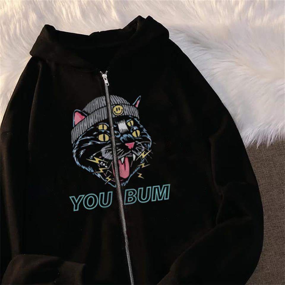 ESC BUTİK You Bum Cat Baskılı Oversize Fermuarlı Siyah Unisex Kapüşonlu Hırka