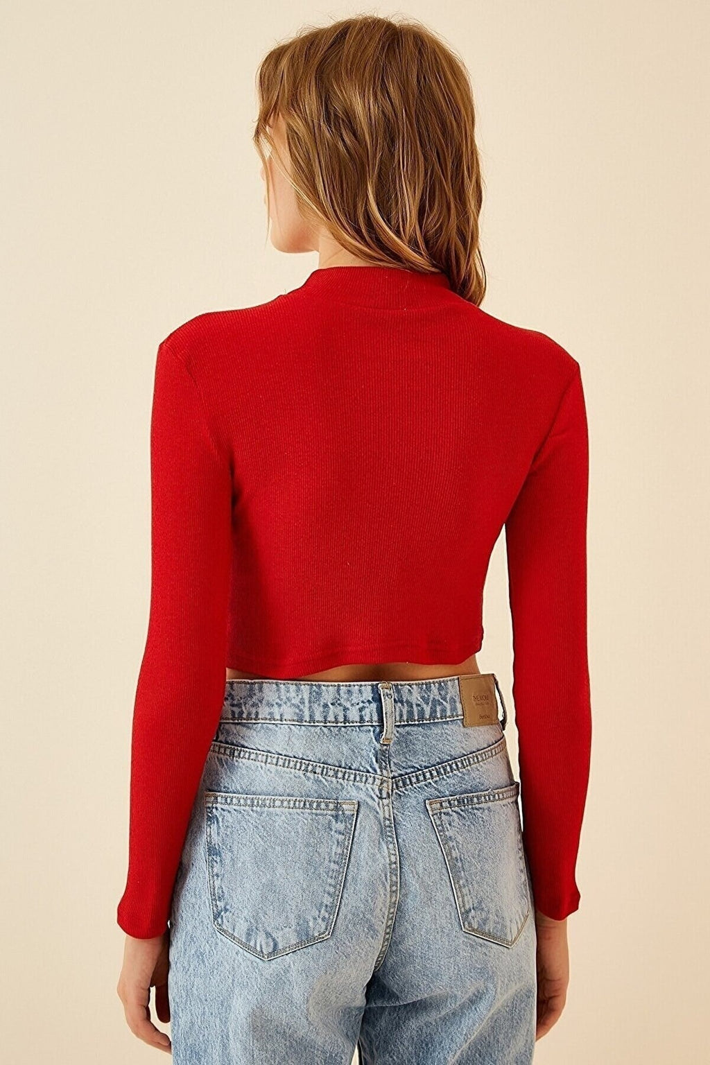 Kadın Kırmızı Fitilli Yarım Balıkçı Yaka Kaşkorse Crop Bluz