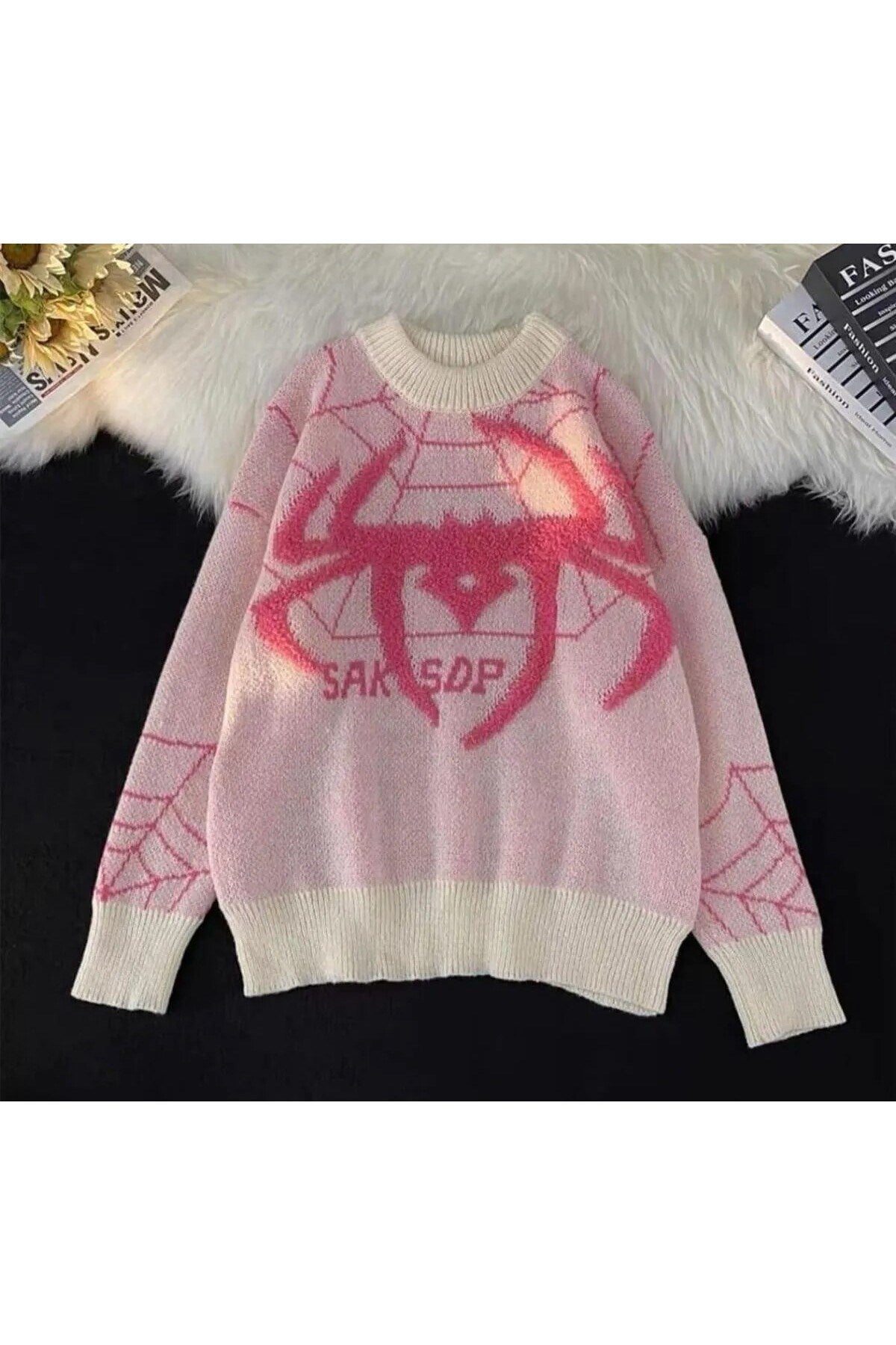 Y2K Streetwear  Hoodie Outdoor Spider Web Oversize Unisex Krem Kazak 