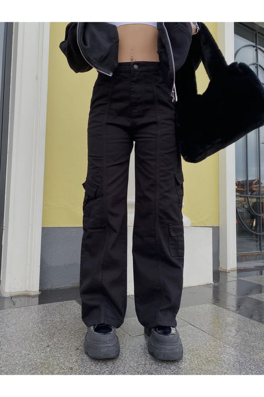 Y2k Unisex Kargo Cepli Bel Lastikli Siyah Rengi Oversize Bol Paça Pantolon