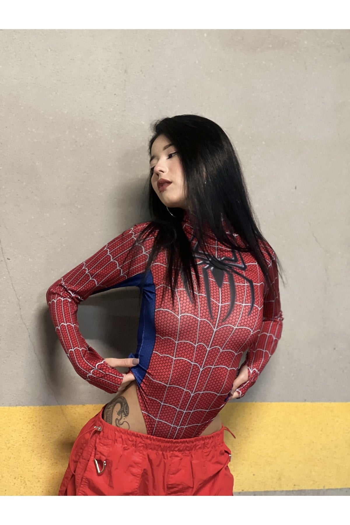 Cosplay Retro Red-Spider Çıtçıtlı Body