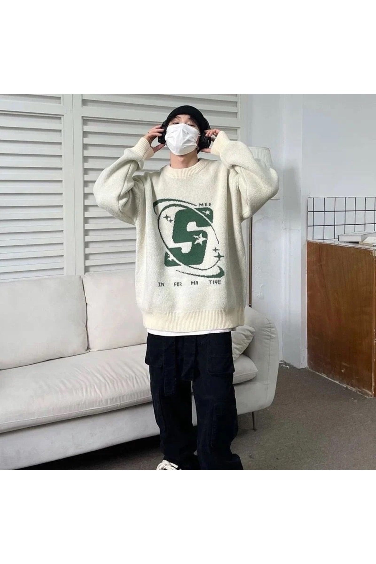 Med S Informative Yazılı Harajuku Vintage Unisex Açık Krem Rengi Oversize Kazak