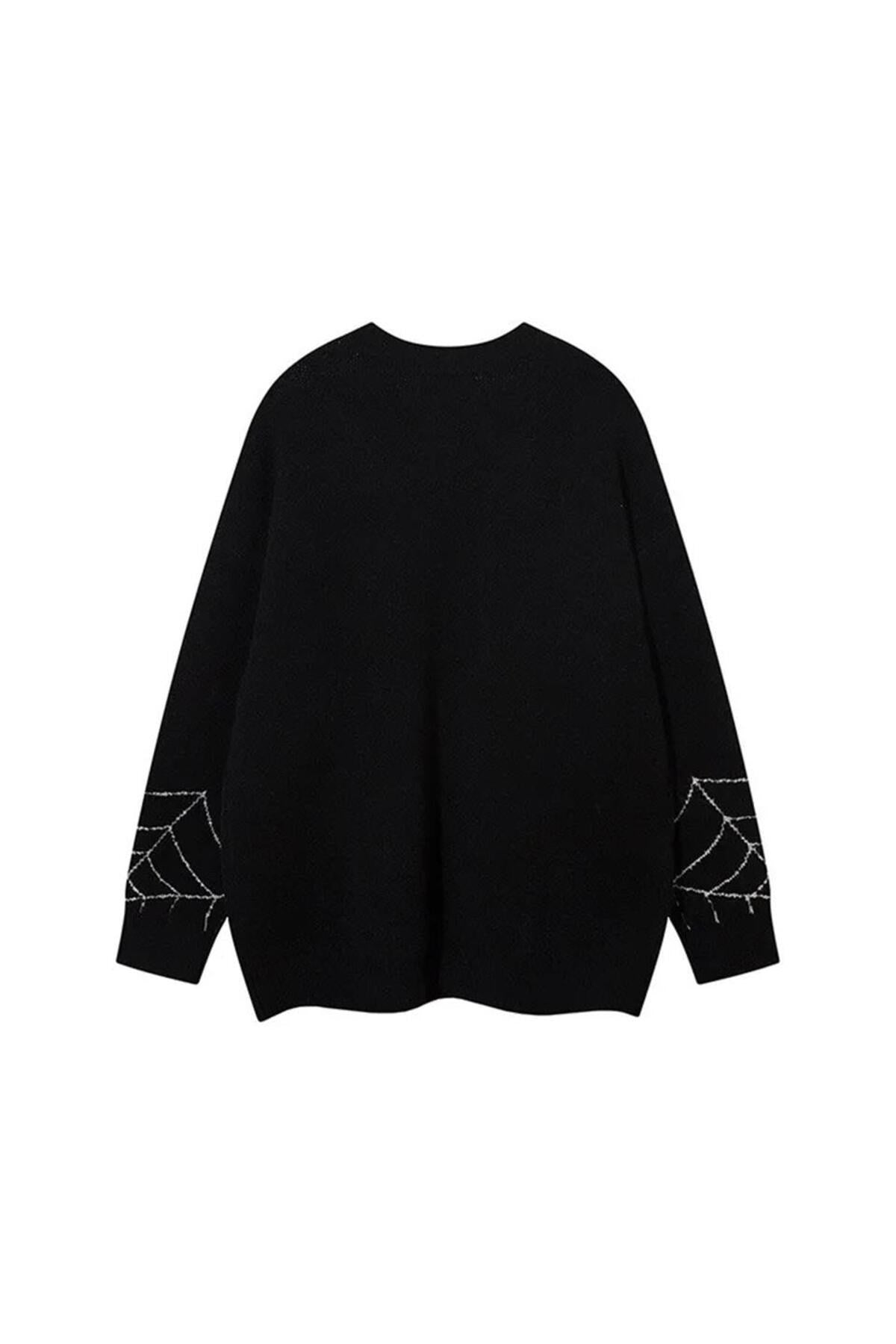 Streetwear Spider Web Oversize Unisex Siyah Kazak