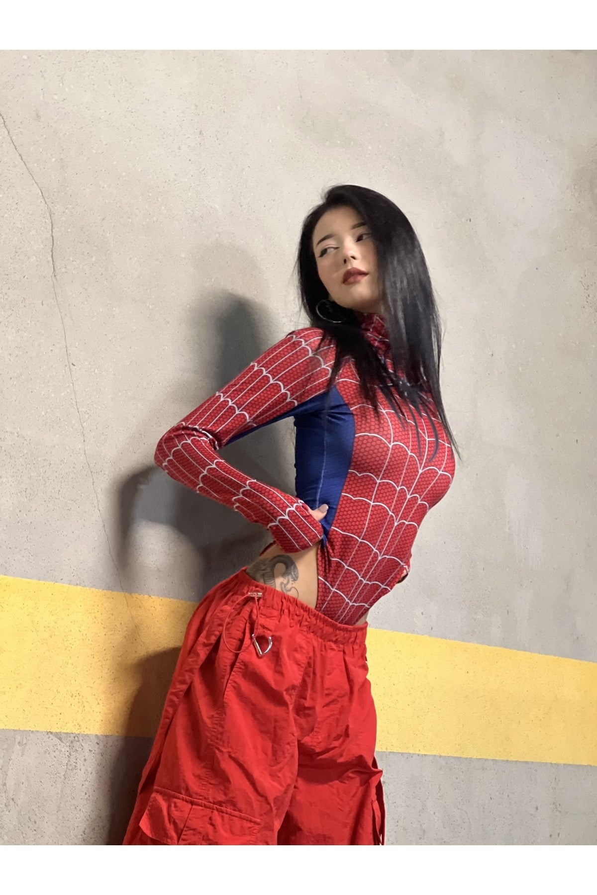 Cosplay Retro Red-Spider Çıtçıtlı Body
