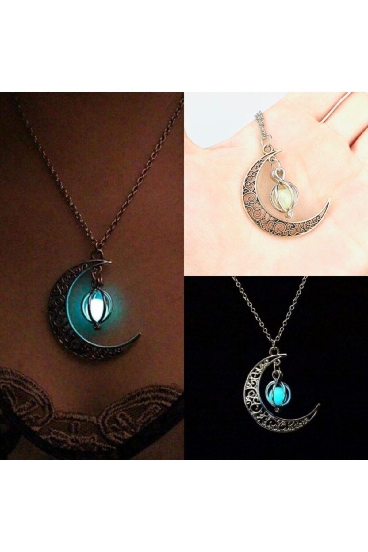 Karanlıkta Parlayan Fosforlu Gri Ay Moon Hediyelik Kolye